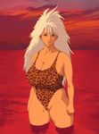  akr_(qpqpqp) animal_print breasts cleavage copyright_request error huge_breasts leopard_print long_hair one-piece_swimsuit solo swimsuit water white_hair 