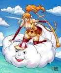  1girl bare_shoulders breasts cleavage curvy holding holding_weapon iury_padilha large_breasts legs long_hair monkey_tail nami_(one_piece) one_piece orange_hair ponytail solo tail tattoo thick_thighs thighs tied_hair weapon wide_hips zeus_(one_piece) 