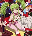  bangs breasts c.c. cheese_trail christmas code_geass elbow_gloves food gloves green_hair holding_pizza holly kadekaru_chikashi medium_breasts pizza santa_costume slice_of_pizza solo thighhighs twintails 