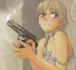  blonde_hair blood blood_on_face blood_splatter braid breasts choker cleavage cocked_hammer commentary_request finger_on_trigger green_eyes gun handgun itou_(onsoku_tassha) lingerie m1911 original pistol scared short_hair small_breasts smoke smoking_gun solo strap_slip tears underwear weapon 