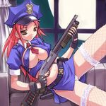  adapted_uniform akiyoshi_yoshiaki belt breasts brown_eyes cleavage covered_nipples fingerless_gloves fishnet_legwear fishnets full_moon gloves gun hat large_breasts lingerie long_hair midriff miniskirt moon night no_bra original panties peaked_cap pink_hair police police_uniform policewoman pump_action remington_870 shotgun skirt solo thighhighs underboob underwear uniform weapon white_panties window 