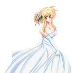  bare_shoulders blonde_hair blush breasts cleavage dress elbow_gloves fate_testarossa flower gloves large_breasts lyrical_nanoha mahou_shoujo_lyrical_nanoha_strikers red_eyes solo white_dress 