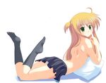  ahoge arisa_bannings back bangs black_legwear blonde_hair blush eyebrows_visible_through_hair full_body green_eyes kneehighs long_hair looking_at_viewer lying lyrical_nanoha mahou_shoujo_lyrical_nanoha miniskirt no_shoes odayan on_stomach panties pantyshot pantyshot_(lying) pillow pleated_skirt simple_background skirt solo topless two_side_up underwear upskirt white_background white_panties 