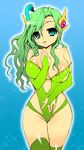  breasts bridal_gauntlets final_fantasy final_fantasy_iv final_fantasy_iv_the_after green_hair green_leotard large_breasts leotard long_hair rydia solo takanashi_china thighhighs 