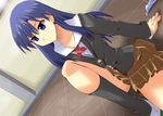  blue_hair blush brown_skirt buttons dutch_angle idolmaster idolmaster_(classic) idolmaster_1 indoors kisaragi_chihaya long_sleeves pleated_skirt school_uniform shin'ya_(nanp) sitting skirt solo tile_floor tiles 