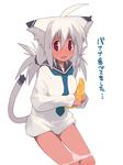  animal_ears banana breasts breath cat_ears dark_skin food fruit kokage-san kusaka_kokage medium_breasts original panties panty_pull red_eyes solo tail underwear white_hair 