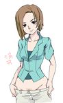  brown_hair earrings fever-san gundam gundam_00 jewelry kinue_crossroad no_panties pants_pull pubic_hair pulled_by_self short_hair smile solo undressing 
