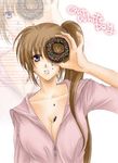  breasts brown_hair cleavage collarbone doughnut food food_on_body large_breasts lina_(interlude) long_hair lyrical_nanoha mahou_shoujo_lyrical_nanoha_strikers parted_lips side_ponytail solo sprinkles takamachi_nanoha upper_body very_long_hair white_background white_day 