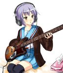  bangs bass_guitar cardigan gin'ichi_(akacia) headphones instrument kita_high_school_uniform nagato_yuki school_uniform short_hair solo suzumiya_haruhi_no_yuuutsu thighhighs tissue tissue_box tissue_princess 