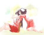  animal_ears blush bow chair cloud cloudy_sky dress frills holding_hands houraisan_kaguya inaba_tewi kneeling multiple_girls paper profile red_dress sitting sky smile touhou white_bow window yae_(mono110) 