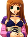  blush breasts brown_hair cleavage collar green_eyes kinoshita_ichi large_breasts long_hair open_mouth solo sophia_esteed star_ocean star_ocean_till_the_end_of_time 