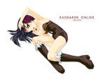  alchemist_(ragnarok_online) arm_up black_hair blush boots breasts cleavage dress green_eyes hair_ribbon highres kinoshita_ichi lying on_side parted_lips ragnarok_online ribbon short_dress small_breasts solo strapless strapless_dress 