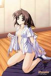  2003 ariga_miki artist_request brown_hair hair_ribbon highres kneeling natsuiro_komachi no_bra no_pants open_clothes open_shirt panties pink_panties red_eyes ribbon shirt skirt skirt_removed socks solo underwear undressing 