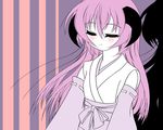  blush closed_eyes hanyuu higurashi_no_naku_koro_ni horns japanese_clothes kimono minazuki_maya pink_hair shadow solo striped striped_background white_kimono 