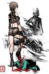  ass biker_clothes bikesuit blood brown_hair copyright_request death fingerless_gloves gloves ground_vehicle helmet ice_skates legs meme50 midriff miniskirt motor_vehicle motorcycle motorcycle_helmet pencil_skirt short_hair simple_background single_thighhigh skates skirt thighhighs torn_clothes torn_legwear 