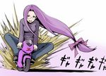  :d bow fate/stay_night fate_(series) glasses ground_vehicle hair_bow ina_(gokihoihoi) long_hair low-tied_long_hair minibike motor_vehicle motorcycle open_mouth purple_eyes purple_hair rider riding smile solo very_long_hair 