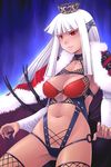  breasts cape cleavage crown dark_skin detached_sleeves fishnets hat large_breasts leather legs monster_girl navel noise_(tsuzuki) original red_eyes solo thighhighs thighs underboob white_hair 