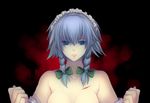  bad_id bad_pixiv_id banned_artist blood bow braid cuts hair_bow harano injury izayoi_sakuya off_shoulder out-of-frame_censoring solo touhou twin_braids undressing 