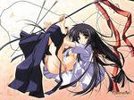  2003 ariga_mikoto arrow black_hair black_hakama blush bow_(weapon) hair_ribbon hakama highres japanese_clothes lace lace-trimmed_panties natsuiro_komachi open_clothes open_shirt open_skirt panties red_eyes ribbon shirt skirt smile solo tabi tsukimori_hiro underwear undressing weapon 