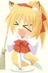  &gt;_&lt; adapted_uniform animal_ears artist_request closed_eyes copyright_request fox_ears hakama imageboard_colors japanese_clothes lowres miko oekaki red_hakama solo tail thighhighs 