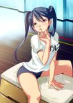  arm_support blue_hair blush buruma finger_to_mouth gym_uniform kiss_dum long_hair open_mouth pee peeing pink_eyes rei_(kiss_dum) solo spread_legs straddling tonbo twintails vaulting_horse 