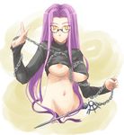  blue_(ao_maru) breasts chain fate/stay_night fate_(series) glasses large_breasts long_hair midriff nameless_dagger purple_hair rider solo underboob very_long_hair yellow_eyes 