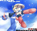  1girl :d ahoge android armor armored_boots blonde_hair blue_eyes boots brown_hair carrying copyright_name floating_hair from_side full_body headwear_removed helmet helmet_removed knee_boots mikage_sekizai open_mouth princess_carry profile red_skirt rockman rockman_(character) rockman_(classic) roll skirt smile 