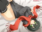  ahoge artist_name bangs bed_sheet black_hair black_legwear blush bottomless breast_hold breasts covered_nipples cross dutch_angle embarrassed from_above galge.com green_eyes groin impossible_clothes impossible_shirt indoors large_breasts latin_cross looking_at_viewer lying on_back parted_lips red_scarf scarf shirt shirt_tug short_hair sirpent sleeves_past_wrists solo sweater thighhighs turtleneck watermark 