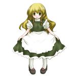  black_footwear blonde_hair blush dress flower frills full_body futami_yayoi green_dress grey_eyes kirisame_marisa looking_at_viewer pinafore_dress rose shoes simple_background solo standing touhou white_legwear 