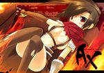 assassin_cross blood breasts brown_hair brown_legwear copyright_name covered_nipples kinoshita_ichi large_breasts ragnarok_online red_eyes red_scarf scarf solo thighhighs torn_clothes torn_legwear 