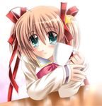  blonde_hair blush bow bowtie closed_mouth cup green_eyes hair_bow holding kamikita_komari little_busters! long_sleeves otoki_raku pink_bow red_bow red_neckwear smile solo tareme twintails upper_body 