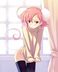  animal_ears blush bottomless inato_serere mouse_ears original pink_hair red_eyes short_hair solo tail thighhighs 