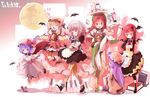  \o/ arms_up balancing book braid cat_teaser flandre_scarlet full_moon hat hiruma_andon hong_meiling izayoi_sakuya jumping knife koakuma maid moon multiple_girls object_on_head outstretched_arms patchouli_knowledge remilia_scarlet touhou tray wings 