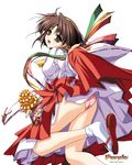  2003 ariga_miki artist_request ass bell blush brown_hair hairband hakama highres japanese_clothes jingle_bell kagura_suzu leg_lift miko natsuiro_komachi official_art panties pink_panties red_eyes red_hakama sandals short_hair simple_background skirt skirt_lift smile socks solo underwear 