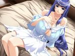  bare_shoulders bed blue_eyes blue_hair breasts cleavage cleavage_cutout fuutou_shizune game_cg huge_breasts ino jewelry lingerie long_hair necklace off_shoulder oshioki_sweetie sitting skirt solo underwear 