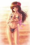  bikini breasts brown_eyes brown_hair cleavage dead_or_alive dead_or_alive_xtreme flower goto_p hair_flower hair_ornament hibiscus jewelry kasumi_(doa) long_hair medium_breasts navel open_mouth parted_lips ribbon skindentation solo standing strap_gap sunset swimsuit underboob venus_bikini 