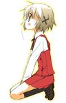  blush brown_eyes brown_hair hair_ornament hidamari_sketch mikami_komata school_uniform short_hair simple_background skirt solo v_arms white_background x_hair_ornament yuno 