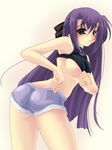  ass blush breasts denim denim_shorts frapowa ginga_nakajima large_breasts lyrical_nanoha mahou_shoujo_lyrical_nanoha_strikers nipple_slip nipples purple_hair shorts underboob 