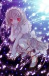  blue_dress bonnet bow clock dress frills glowing grey_footwear izayoi_sakuya kasuga_sunao knife red_eyes shoes solo touhou white_bow 