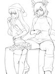  ass bare_shoulders bobblehat box breasts christmas copyright_request greyscale hairu large_breasts layered_skirt miniskirt monochrome multiple_girls pom_pom_(clothes) sitting skirt standing sweater_vest thighhighs white_background zettai_ryouiki 