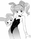  animal_ears aoyama_reo bare_shoulders blush bow bowtie breasts bunny_ears bunny_tail bunnysuit cleavage drill_hair flat_chest greyscale hairband highleg lowres medium_breasts monochrome my_melody onegai_my_melody pantyhose pointing short_twintails smile solo tail twin_drills twintails wrist_cuffs yumeno_uta 