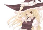  ;d black_dress blonde_hair brown_eyes dress frills hat kirisame_marisa looking_at_viewer one_eye_closed open_mouth puffy_short_sleeves puffy_sleeves rikudou_inuhiko short_sleeves simple_background smile solo touhou upper_body white_background witch witch_hat 