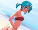  ass bandeau blue_eyes blue_hair bottomless dutch_angle from_behind hand_on_hip looking_back original ponytail solo st+1 strapless tubetop wallpaper 