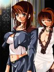  2girls bb belly belly_button breasts brown_eyes brown_hair cleavage dress jacket jewelry large_breasts multiple_girls navel necklace sexy shirt short_hair skirt white white_shirt 