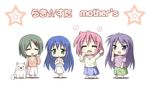  barefoot blue_hair blue_skirt blush cherry_(lucky_star) chibi closed_eyes dog dress green_hair green_skirt hand_on_own_cheek hands_on_own_chest happy hiiragi_miki iwasaki_honoka izumi_kanata looking_at_viewer lucky_star mature multiple_girls no_nose no_shoes open_mouth pink_hair purple_hair skirt socks spiral star takara_yukari tekehiro waving white_background white_dress white_skirt 