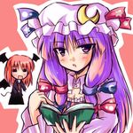  bat_wings blue_ribbon blush book bow crescent crescent_hair_ornament hair_ornament hat head_wings koakuma long_hair looking_at_viewer mob_cap multiple_girls patchouli_knowledge pink_bow purple_eyes purple_hair red_hair red_ribbon ribbon simple_background striped tokiniwa touhou vertical_stripes wings 