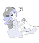  blue eighth_note game_boy handheld_game_console kawashiro_nitori link_cable monochrome musical_note playing_games simple_background solo speech_bubble spoken_musical_note torque touhou two_side_up video_game white_background 