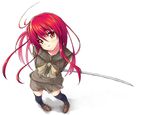  alastor_(shakugan_no_shana) arms_behind_back from_above gin_(ginshari) jewelry katana legs pendant perspective red_hair school_uniform serafuku shakugan_no_shana shana sword thighhighs weapon zettai_ryouiki 