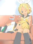  1girl akinbo_(hyouka_fuyou) bad_id bad_pixiv_id blonde_hair brother_and_sister couch detached_sleeves ear_cleaning green_eyes hair_ornament hairclip headphones kagamine_len kagamine_rin lap_pillow mimikaki one_eye_closed siblings smile twins vocaloid 
