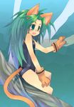  animal_ears black_school_swimsuit cat_ears cham_cham fang flat_chest gloves green_eyes green_hair long_hair one-piece_swimsuit paw_gloves paws samurai_spirits school_swimsuit snk solo swimsuit tail toba_hiyoko 